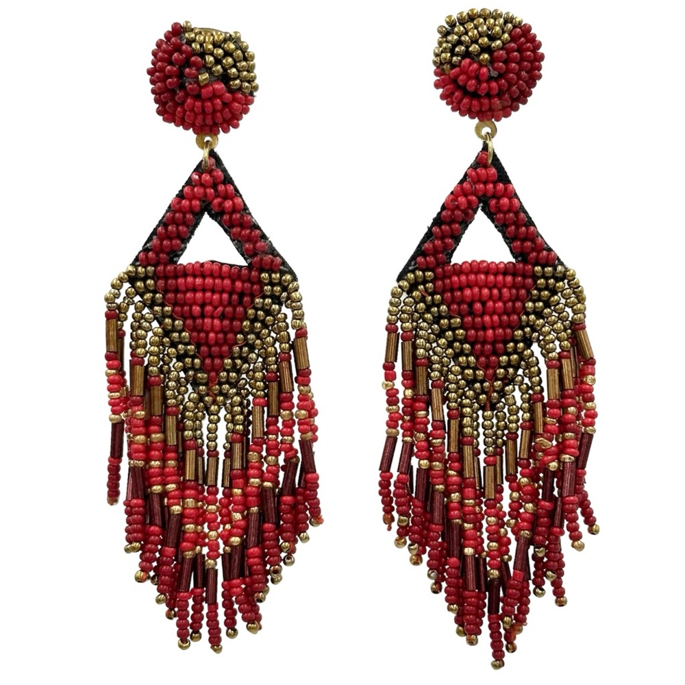 Chunky Seed Bead Tribal Red Gold Statement Tassel Fringe Earrings